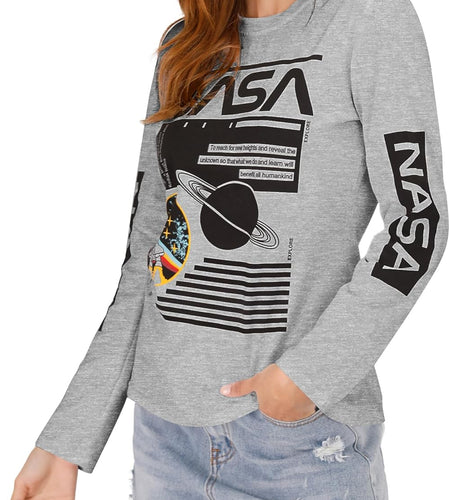 Women Long Sleeve Crew Neck NASA Letter Print NASA Shirt Blouse Sweatshirt